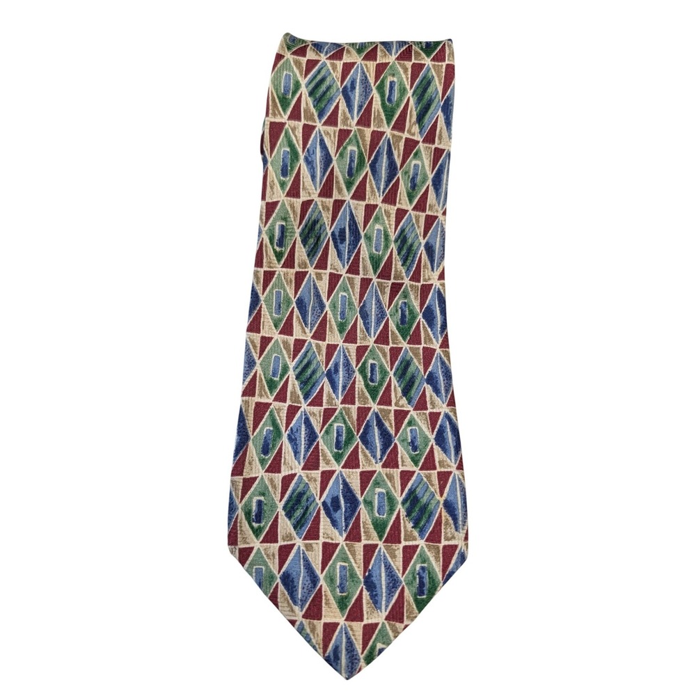 Vintage Atlas 100%‎ Silk Necktie geometric diamond pattern red blue green beige